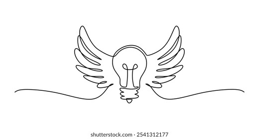 Light bulb adorned with wings symbolizing inspiration in a continuous one line drawing. Concept of creative ideas. Minimalist hand-drawn illustration.