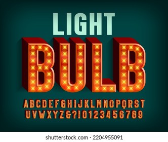 Tipo de letra del alfabeto de la bombilla. letras retro 3D y números con bombillas. Tipo vectorial de stock para su diseño.