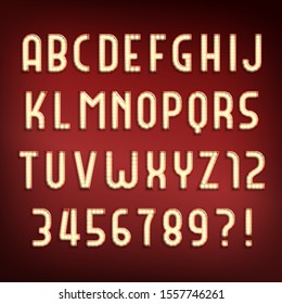 Light Bulb alphabet font. Glowing retro letters and numbers with shadows. Vector typeface for your typography design.