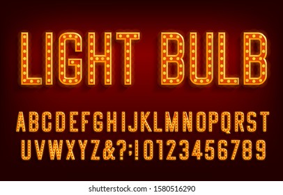 Light Bulb alphabet font. Shiny Letters and numbers with shadows. Vector typescript for your typography design.