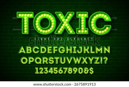 Light Bulb Alphabet with Green Toxic Frame Box and Shadow on Vintage Brick Wall Background. Glowing Retro Vector Font Collection with Shiny Bright Lights. ABC and Number Design for Casino, Night Club