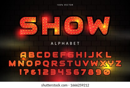 	
Light Bulb Alphabet on dark background. Glowing retro vector font collection with shiny bright lights. Font and Number show concept. Vector design for circus, casino, night club or cinema,