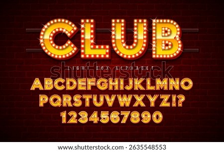 Light Bulb Alphabet with Red Frame Box and Shadow on Vintage Brick Wall Background. Glowing Retro Vector Font Collection with Shiny Bright Lights. ABC and Number Design for Casino or Night Club