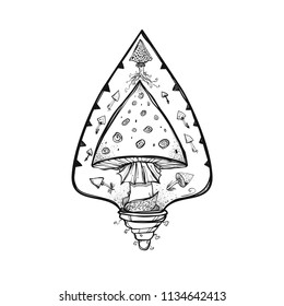 The light bulb with amanita inside. It can be used for printing on t-shirts, cards, or used as ideas for tattoos, stickers.