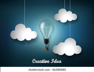 Light bulb is among a lot of cloud on dark blue background with Origami paper cut style, Representation of creative business idea concept,  Transparent Vector