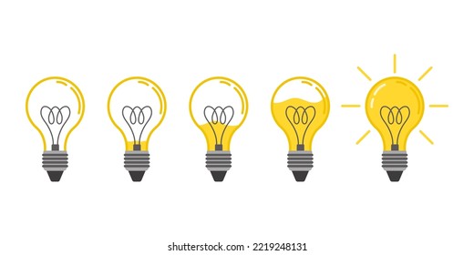 Light bulb animation. Liquid light fills lamp, creative idea or bright solution concept flat vector illustration set of lamp animation, lightbulb glow