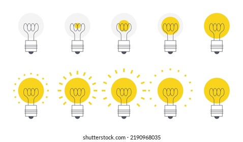 Light bulb animation. Minimalistic light turn on animated frame sequence for good idea and brainstorm concept. Vector thought symbol video effect of light bulb lamp illustration