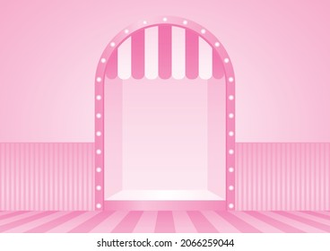 light bulb arch wall window display with awning on striped pattern floor 3d illustration vector for putting your object