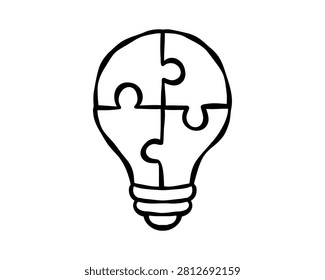 Light bulb assembled from interlocking puzzle pieces, symbolizing logical thinking, connected ideas, problem solving, integration, intelligence and complete solutions. Outline icon.
