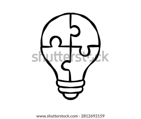 Light bulb assembled from interlocking puzzle pieces, symbolizing logical thinking, connected ideas, problem solving, integration, intelligence and complete solutions. Outline icon.