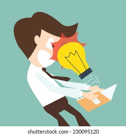 A light bulb attack businessman open book - knowledge concept