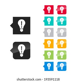 Light bulb, attention icon for user interface - flat and glossy style, color variations. Stylized square speech bubbles with symbol.