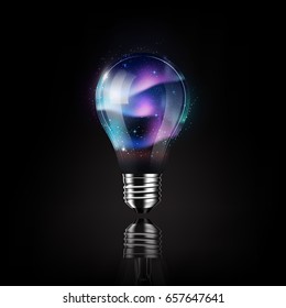 Light bulb with aurora space universe inside, futuristic electronic technology and idea concept, transparent vector illustration