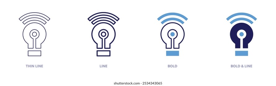 Icono de automatización de bombillas en 4 estilos diferentes. Línea delgada, línea, negrita y línea negrita. Estilo duotono. Trazo editable.