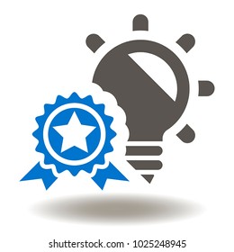 Light Bulb Award Badge Quality Approved Medal Icon Vector. Creative Idea Business Illustration. Creativity Ideas Badge with Star and Ribbon Logo Symbol.