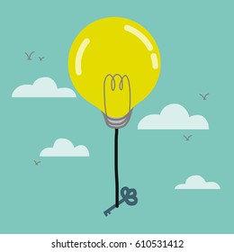 Light bulb balloon and key on blue sky vector illustration, business concept