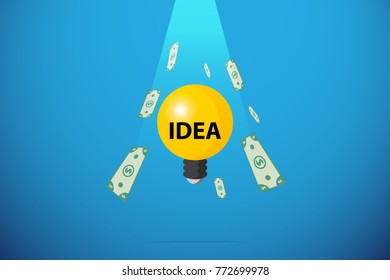 light bulb with bank note falling from the sky, idea and business concept
