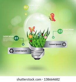 light bulb with beautiful flower inside with green bokeh abstract light background, Vector illustration template design 