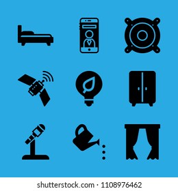 light bulb, bed, closet, curtains, watering can, speaker, smartphone, satellite and microphone vector icon. Simple icons set