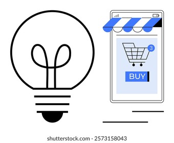 Light bulb beside smartphone displaying online shop with shopping cart and buy button. Ideal for online shopping, e-commerce, digital marketing, mobile apps, and innovation concepts. Minimalist