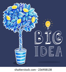 Light bulb with big idea text in hand drawn doodle cartoon style with lemon tree for your creative business.Vector illustration