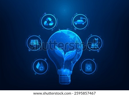 light bulb biotechnology and ecology environment blue background. clean and renewable energy. vector illustration low poly wireframe.