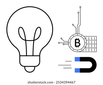 Light bulb, bitcoin with circuit lines, and magnet. Ideal for technology, cryptocurrency, innovation, energy, and minimalism themes. Black, white, and blue colour scheme. Simple, clean design. Vector