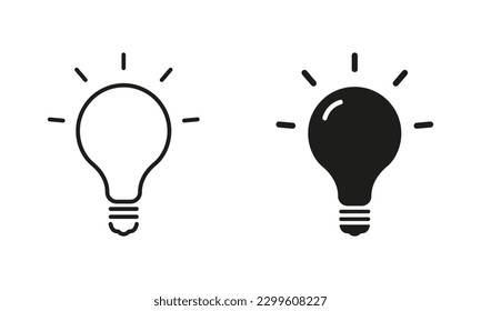 Light Bulb Black Sign Collection. Lamp Silhouette and Line Icon Set. Creative Idea Symbol. Innovation and Inspiration Concept. Isolated Vector Illustration.