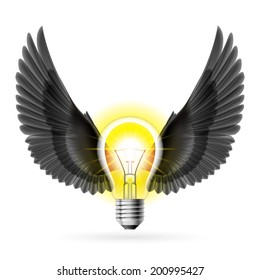 Light bulb with black wings. Idea and inspiration concept