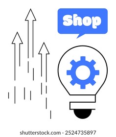 Light bulb with a blue gear inside and rising arrows next to a blue speech bubble with the word Shop. Ideal for e-commerce, innovation, growth strategies, marketing, technology, business solutions