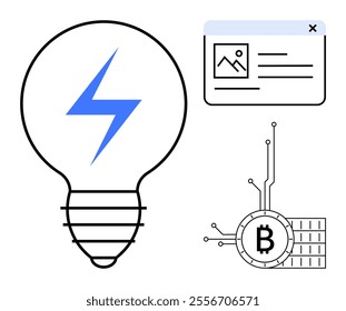 Light bulb with blue lightning bolt and two boxes representing a webpage and Bitcoin. Ideal for innovation, energy ideas, digital technology, cryptocurrency, blockchain themes. Minimalist vector art