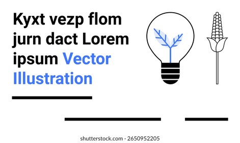Light bulb with blue tree inside, corn plant, and placeholder text in a minimalist style. Ideal for innovation, agriculture, sustainability, education, eco-friendly, technology, and creative