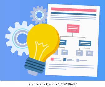 Light bulb, board with scheme, settings symbol on blue. Creative idea, page presentation with pattern, brainstorming element of decoration vector