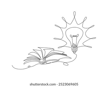 Light bulb and book continuous one line hand drawn, Line art drawing open book with Shining light bulb for an idea symbol, innovation, creative, education concept Vector illustration isolated on white
