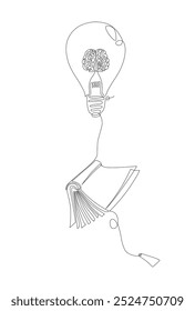 Bombilla con el dibujo continuo del arte de una línea del libro, bombilla del globo con un cerebro dentro atado con un libro, Educación, concepto creativo y de la innovación, Ilustración vectorial aislada en blanco  