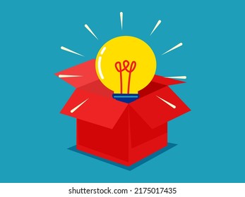 The light bulb is in the box. Discover new business ideas. vector illustration