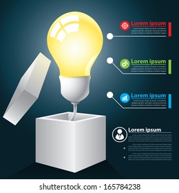 Light bulb with box infographic, thinking outside the box and open idea concept. Can be used for layout, web design, brochure, flyer, leaflet, infographics