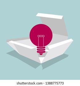 The light bulb is in the box. Isolated on blue background.