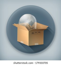 Light bulb in box long shadow vector icon