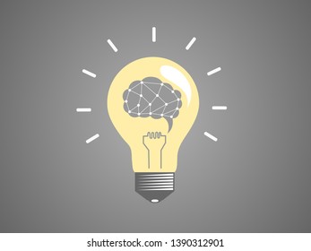 Light bulb with brain abstract concept knowledge, vector illustration.