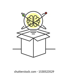 Light bulb, brain and box icon. Thinking out of the box concept. Outline thin line illustration. Isolated on white background. 