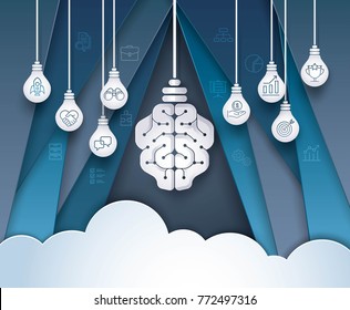 Light Bulb Brain with Business icons on Abstract Background, Concept of Management and Development Business, Creative idea, Digital data analysis, Paper art vector and illustration.
