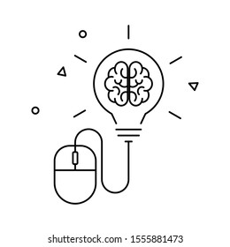 Light bulb, brain and computer mouse icon. Concept of idea, innovation and creativity. Outline thin line flat illustration. Isolated on white background. 