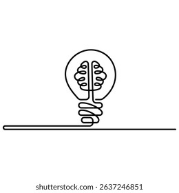 Light Bulb with Brain in continuous line drawing style. Minimalist black linear sketch Symbol of Idea and Creativity isolated on white background. Vector illustration