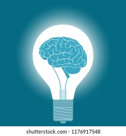 Glühbirne mit Gehirn in der Dunkelheit als Symbol kreative Idee. Brainstorm-Start. Erfindung und Inspirationsbanner.Geschäftskonzept. Vektorgrafik