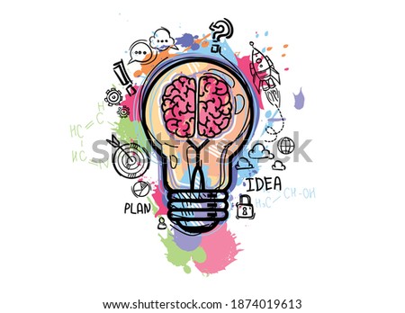 Light bulb with brain and drawing business strategy plan. Sketch brain data and start up concept. Vector illustration in cartoon style.