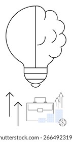 Lâmpada e híbrido cerebral, setas apontando para cima, pasta, gráficos de barras, moeda de dólar. Ideal para a inovação, o crescimento dos negócios, a estratégia de financiamento de investimentos e a definição de metas de empreendedorismo. Linha