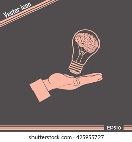 Light bulb brain icon, vector illustration. Lightbulb in hand 