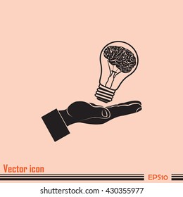Light bulb brain icon, vector illustration. Lightbulb in hand ic
