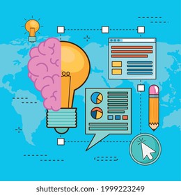 light bulb with brain and icons